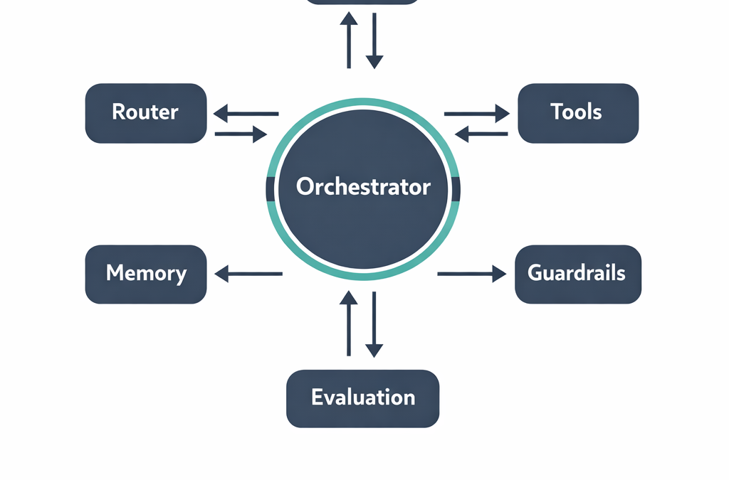 AI agent orchestration infographic showing an orchestrator routing tasks to specialized agents with guardrails and evaluation