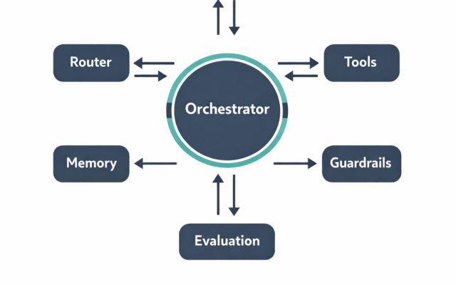 AI agent orchestration infographic showing an orchestrator routing tasks to specialized agents with guardrails and evaluation