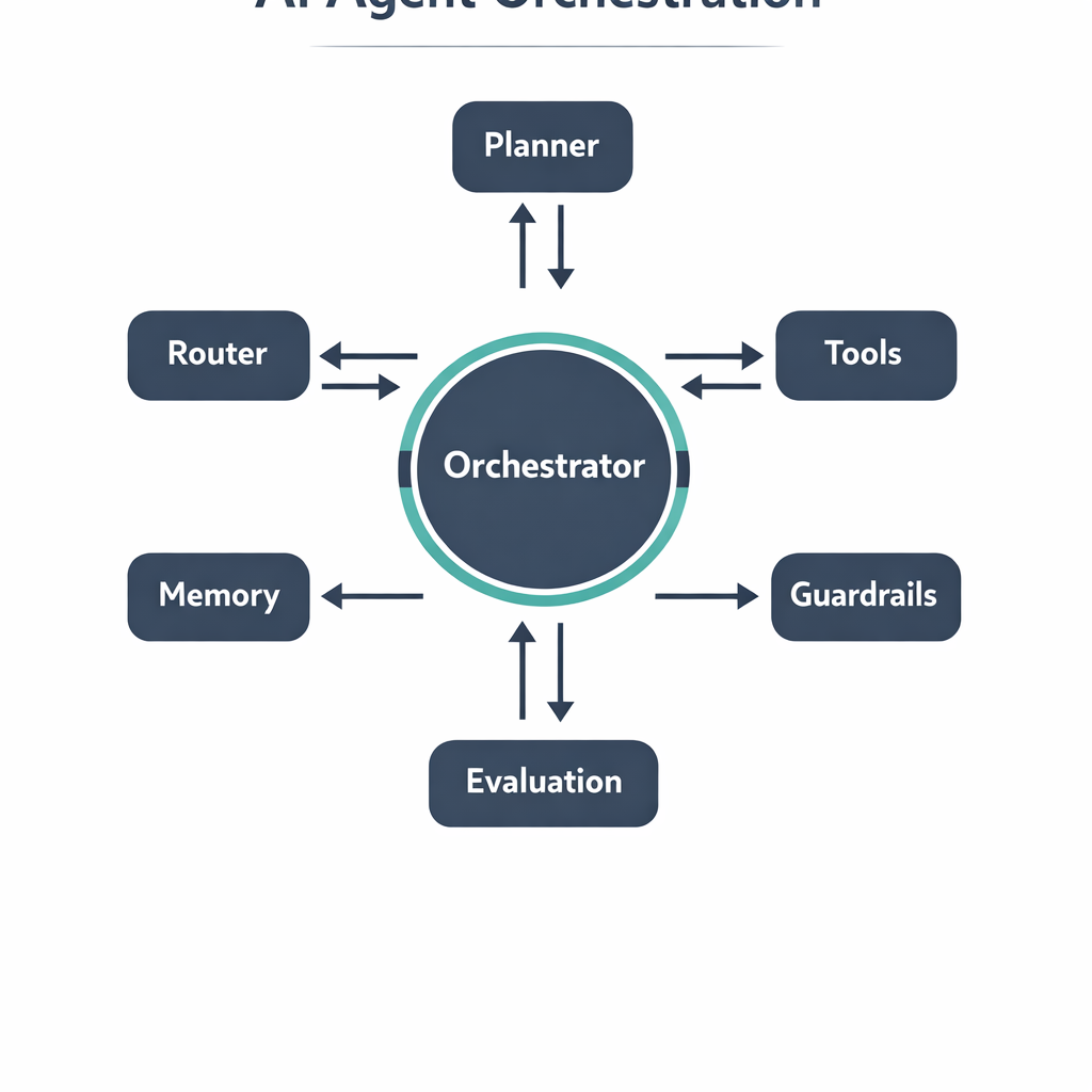AI agent orchestration infographic showing an orchestrator routing tasks to specialized agents with guardrails and evaluation