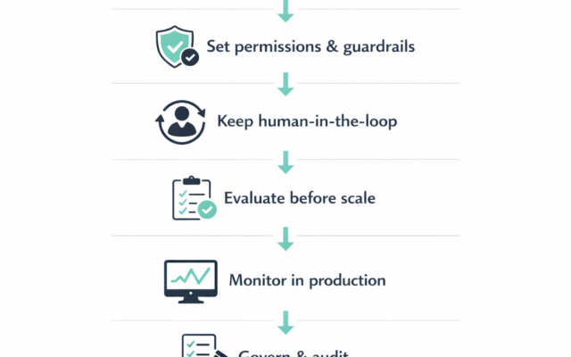 Deploy AI agents safely in enterprise infographic — six-step framework from scoping to governance