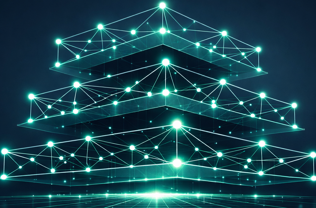AI infrastructure for startups — abstract layered network of glowing nodes on a slate background with mint accents