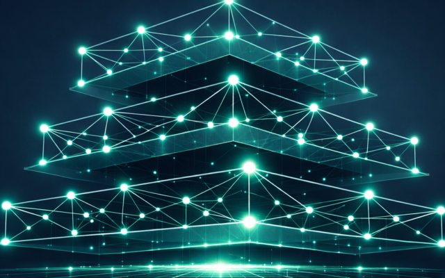 AI infrastructure for startups — abstract layered network of glowing nodes on a slate background with mint accents