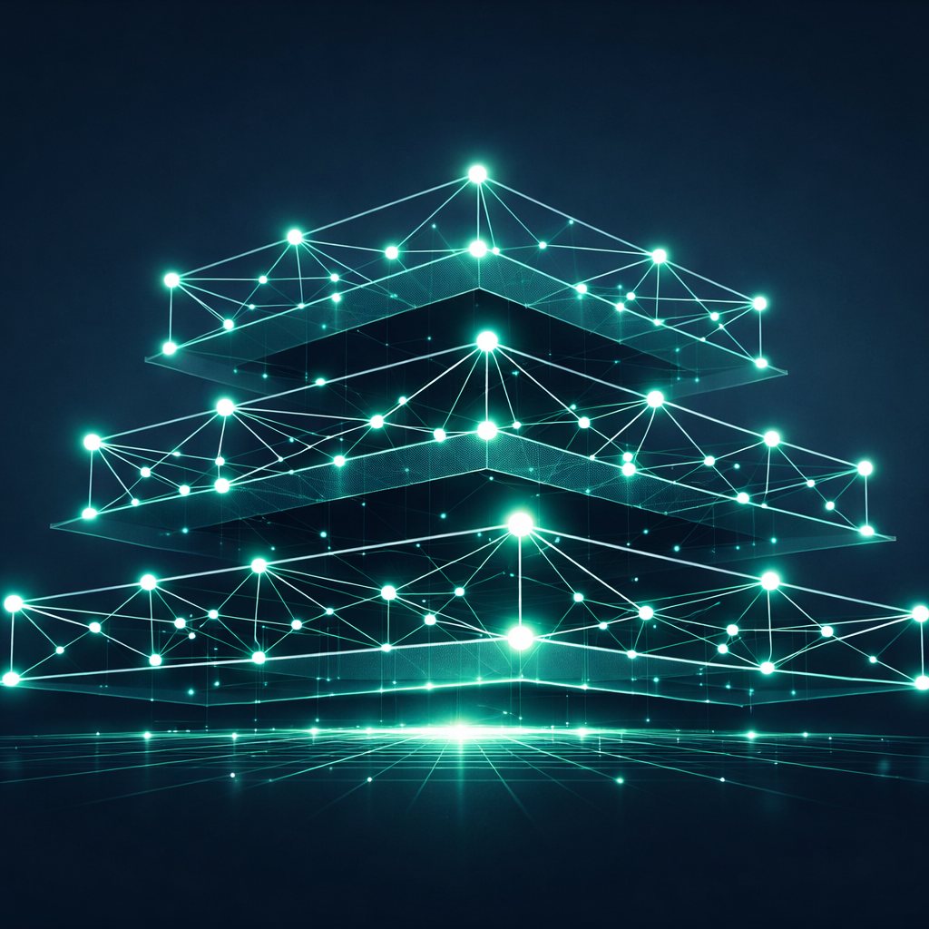 AI infrastructure for startups — abstract layered network of glowing nodes on a slate background with mint accents