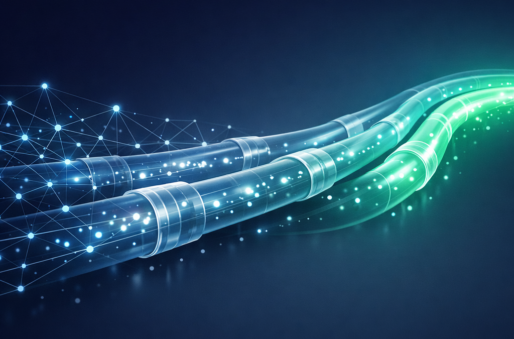 LLMOps production AI pipeline visualized as a glowing network of nodes and data-flow conduits
