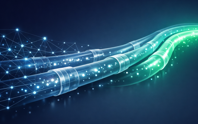 LLMOps production AI pipeline visualized as a glowing network of nodes and data-flow conduits