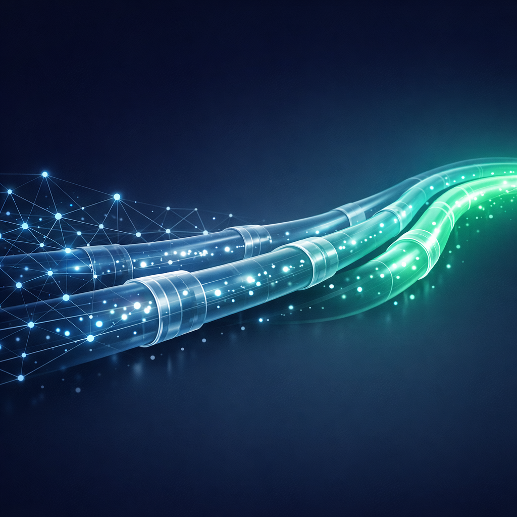 LLMOps production AI pipeline visualized as a glowing network of nodes and data-flow conduits
