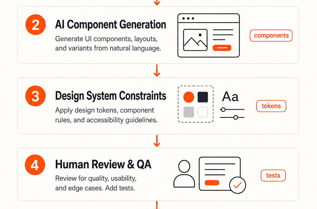Generative UI Development infographic showing spec, AI generation, design system constraints, review, ship, and iterate
