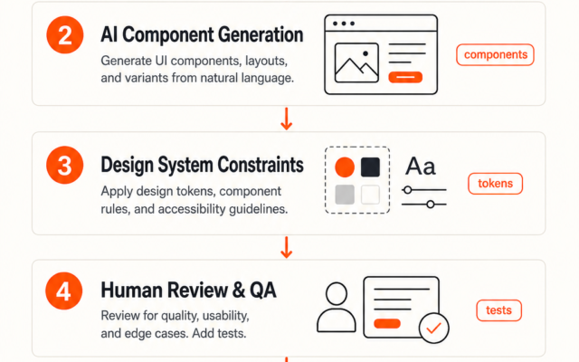 Generative UI Development infographic showing spec, AI generation, design system constraints, review, ship, and iterate